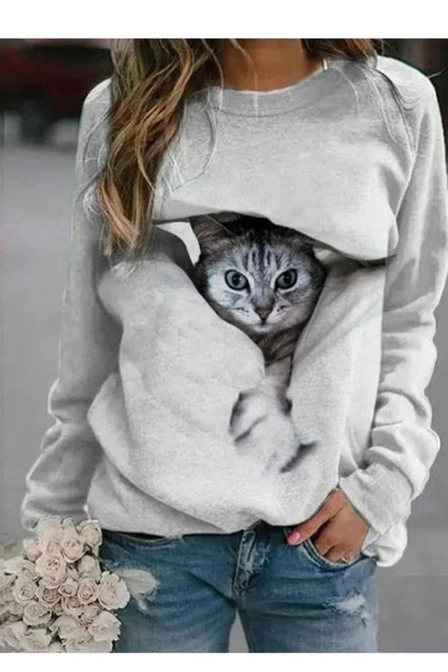 Clothing Azzlee Sweatshirt & Hoodies | Casual Graphic Tops Round Neck Long Sleeve Cat Printed Sweatshirts Gray