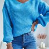 Clothing Azzlee Sweater & Cardigans | Casual V Neck Solid Long Sleeve Sweater Blue