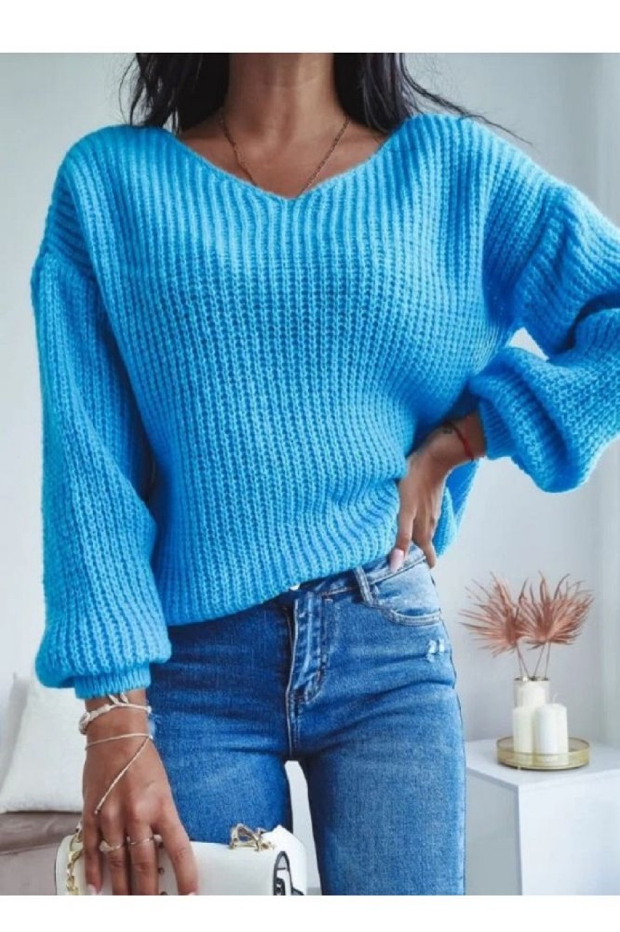 Clothing Azzlee Sweater & Cardigans | Casual V Neck Solid Long Sleeve Sweater Blue