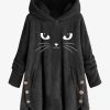 Clothing Azzlee Coats | Casual Graphic Tops Hooded Long Sleeve Cat Printed Coats Black