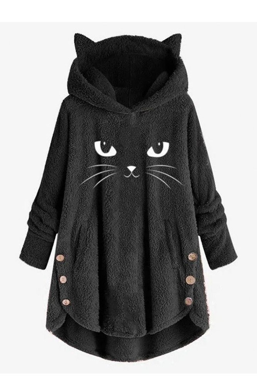 Clothing Azzlee Coats | Casual Graphic Tops Hooded Long Sleeve Cat Printed Coats Black