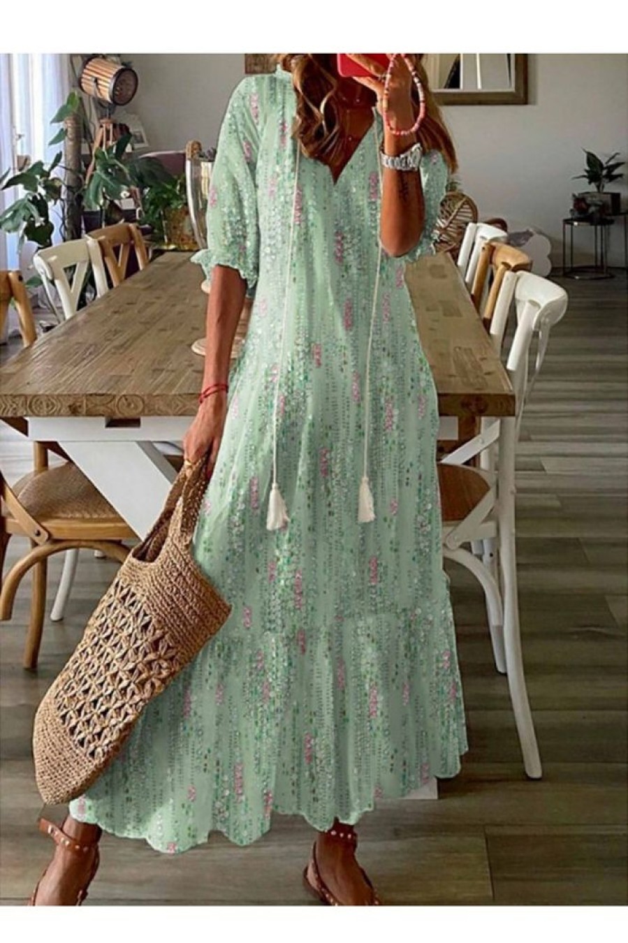 Clothing Azzlee Maxi Dresses | Casual V-Neck Abstract Printed Maxi Dress Green