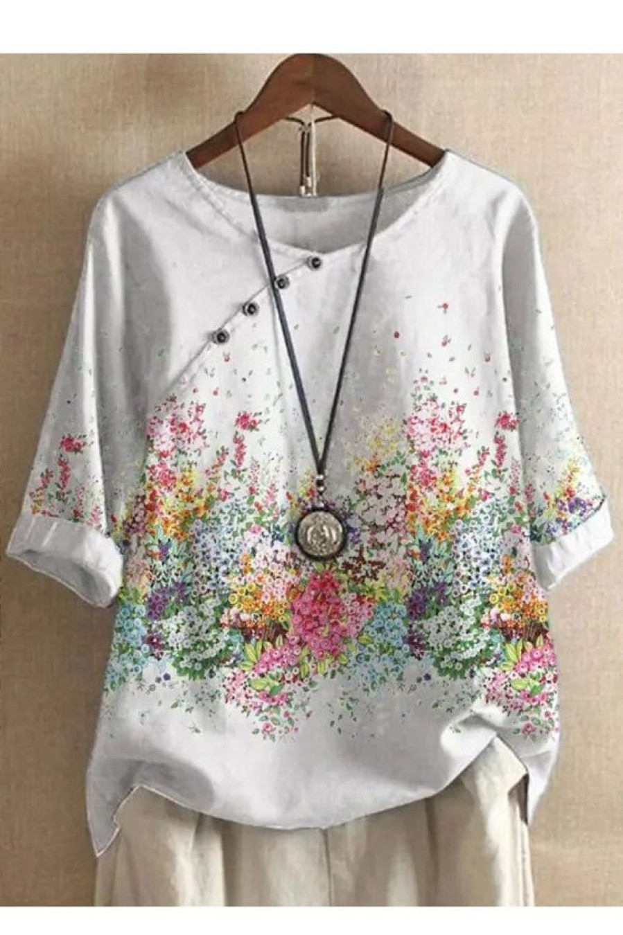 Clothing Azzlee Blouse & Shirts | Casual Round Neck Floral Printed Half Sleeve Blouse White