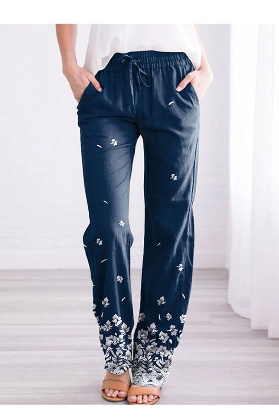 Clothing Azzlee Pants | Casual Floral Printed Pants Navy