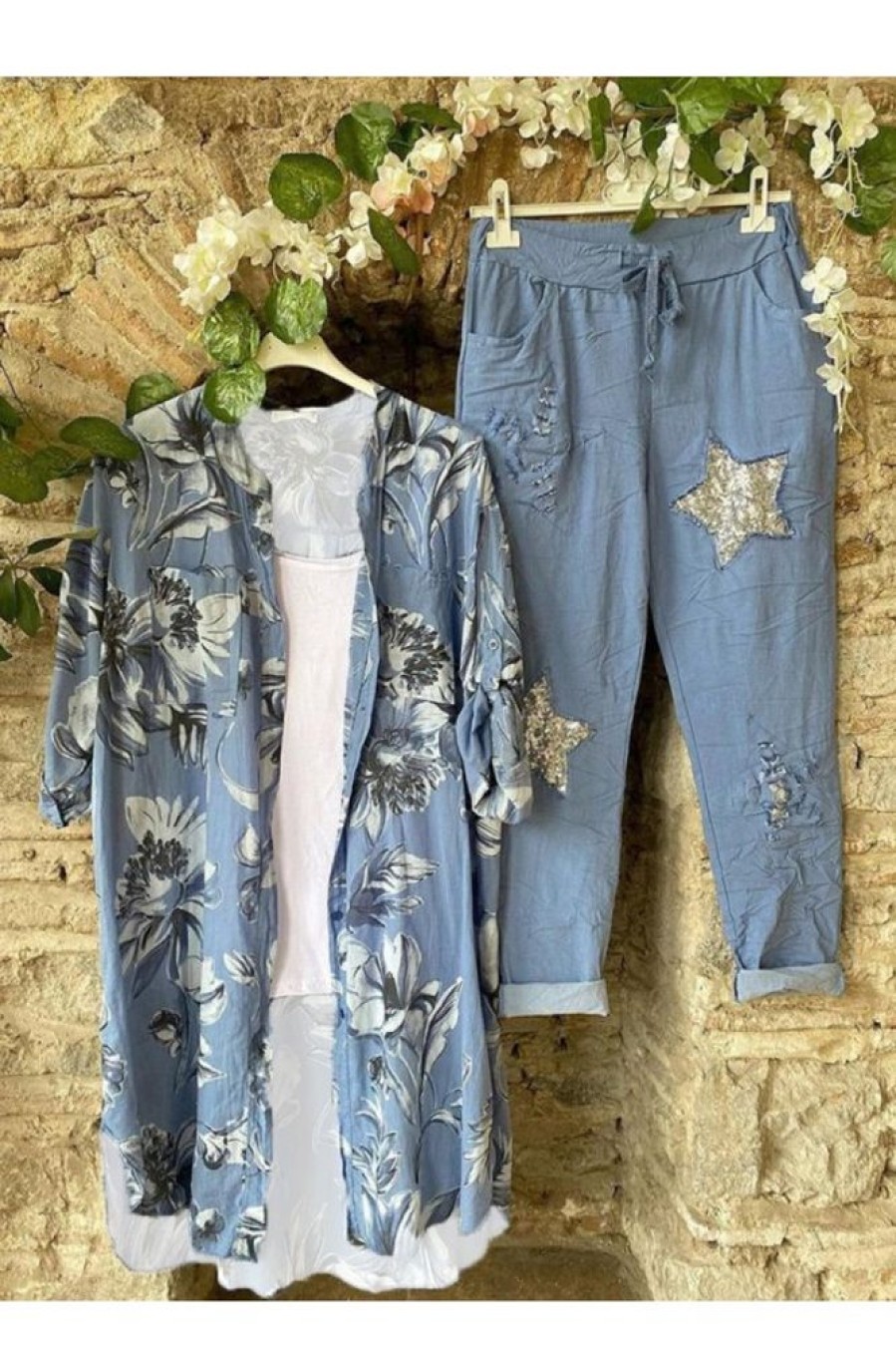 Clothing Azzlee | Floral Printed Open Front Casual Two-Piece Suits Blue