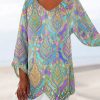 Clothing Azzlee Sweatshirt & Hoodies | Color Casual V Neck Boho Printed Long Sleeve Blouse