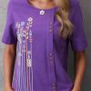 Clothing Azzlee Blouse & Shirts | Round Neck Printed Daily Short Sleeve Blouse Purple