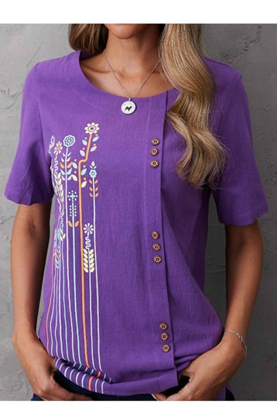 Clothing Azzlee Blouse & Shirts | Round Neck Printed Daily Short Sleeve Blouse Purple