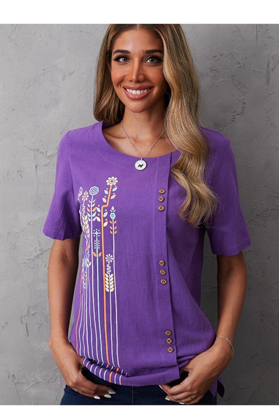 Clothing Azzlee Blouse & Shirts | Round Neck Printed Daily Short Sleeve Blouse Purple