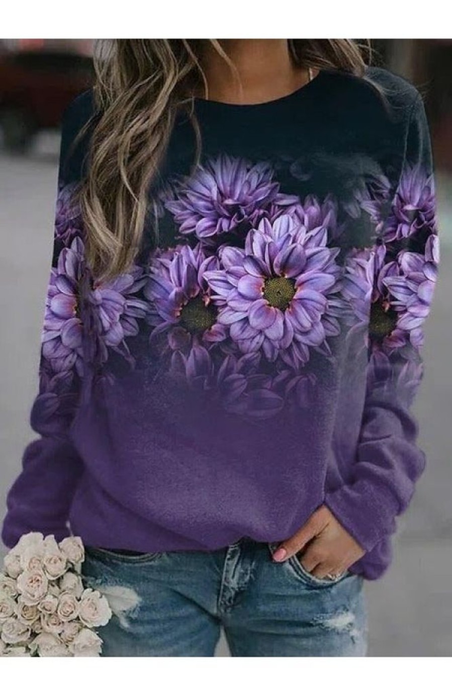 Clothing Azzlee Sweatshirt & Hoodies | Casual Round Neck Floral Printed Long Sleeve Sweatshirts Purple