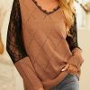 Clothing Azzlee Sweater & Cardigans | Patchwork Lace Casual V-Neck Long Sleeve Sweater Khaki