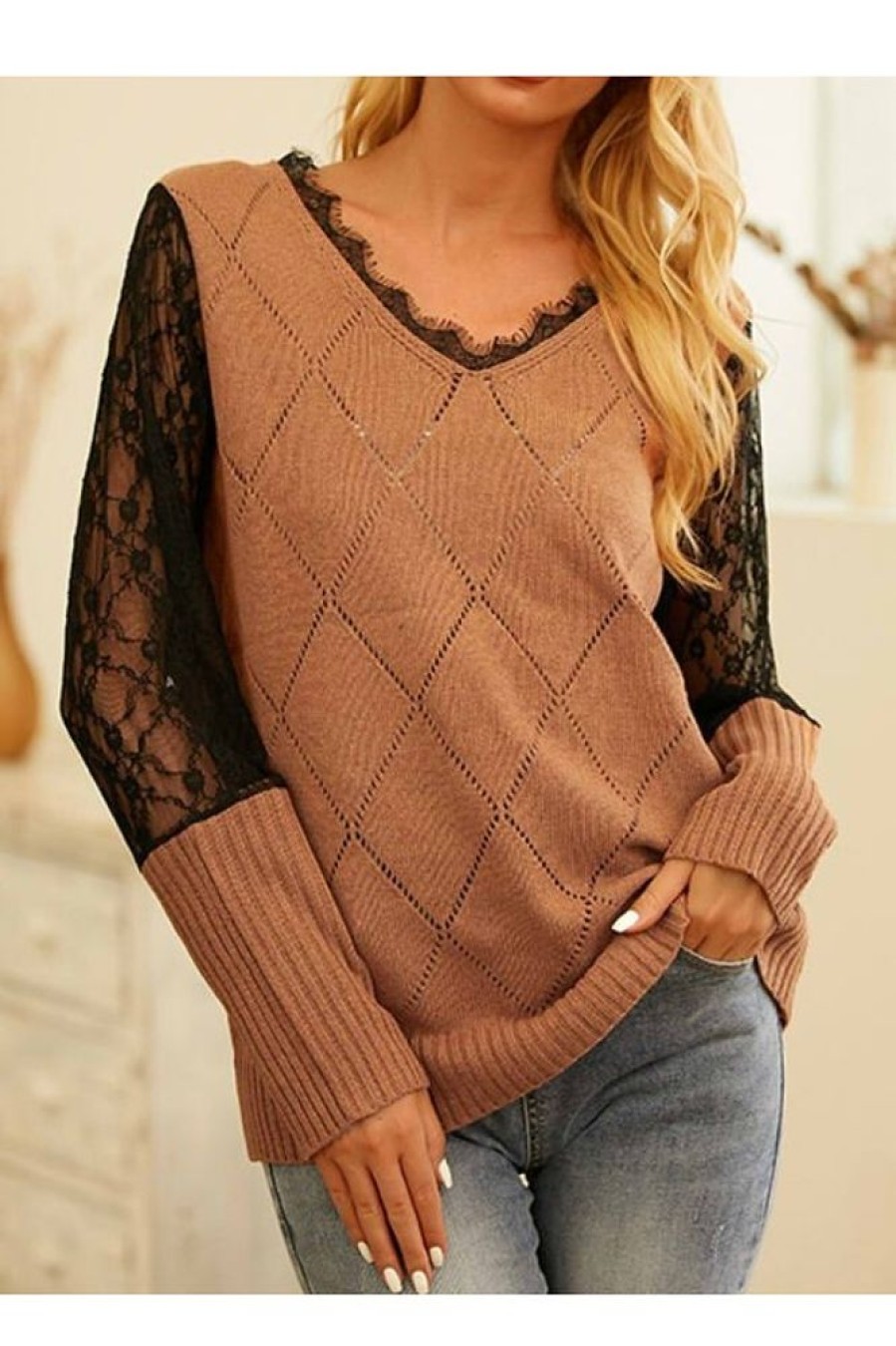 Clothing Azzlee Sweater & Cardigans | Patchwork Lace Casual V-Neck Long Sleeve Sweater Khaki