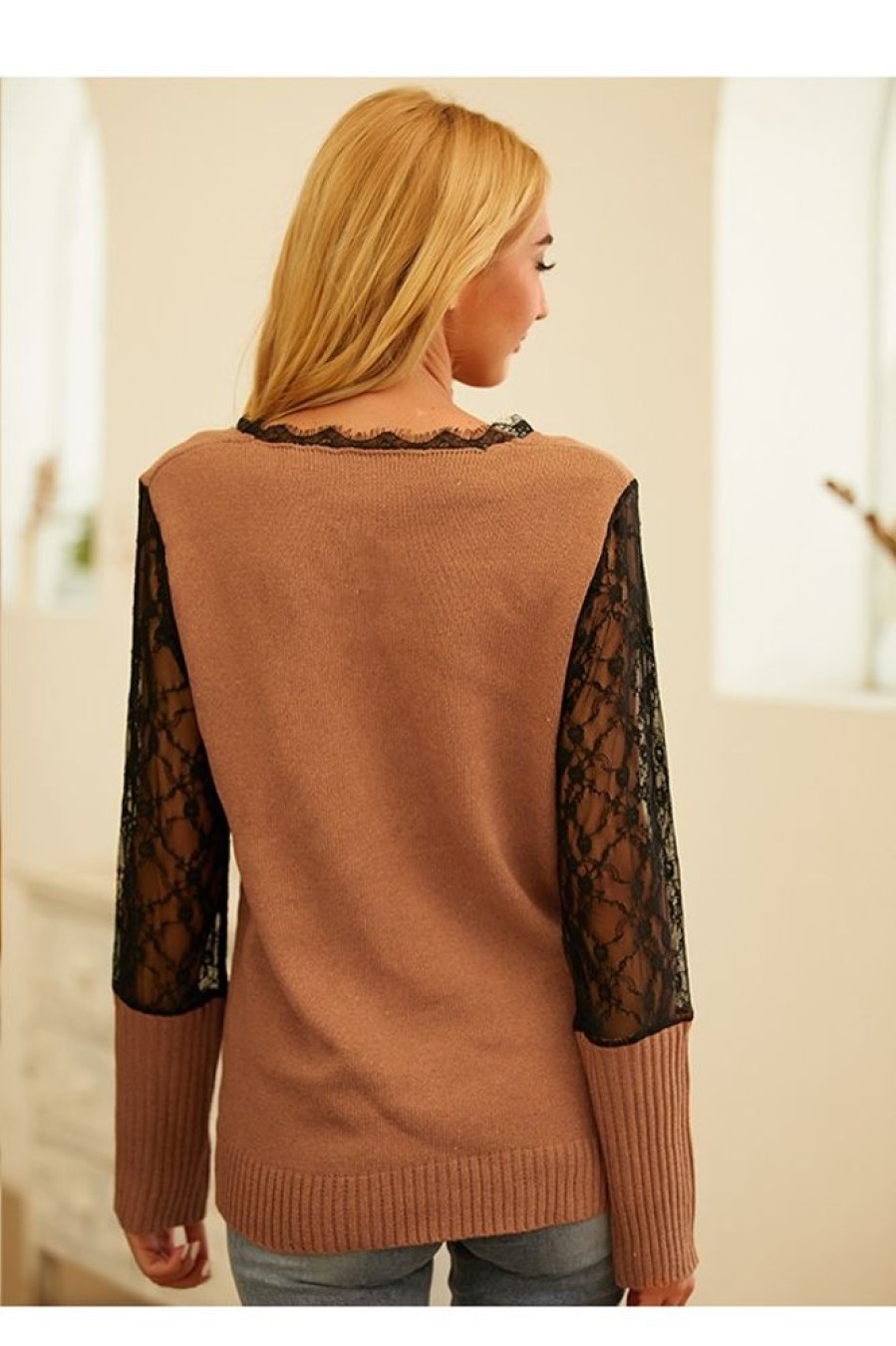 Clothing Azzlee Sweater & Cardigans | Patchwork Lace Casual V-Neck Long Sleeve Sweater Khaki