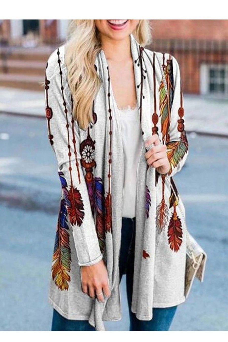 Clothing Azzlee Sweater & Cardigans | Casual Long Sleeve Feather Printed Cardigan Light Gray