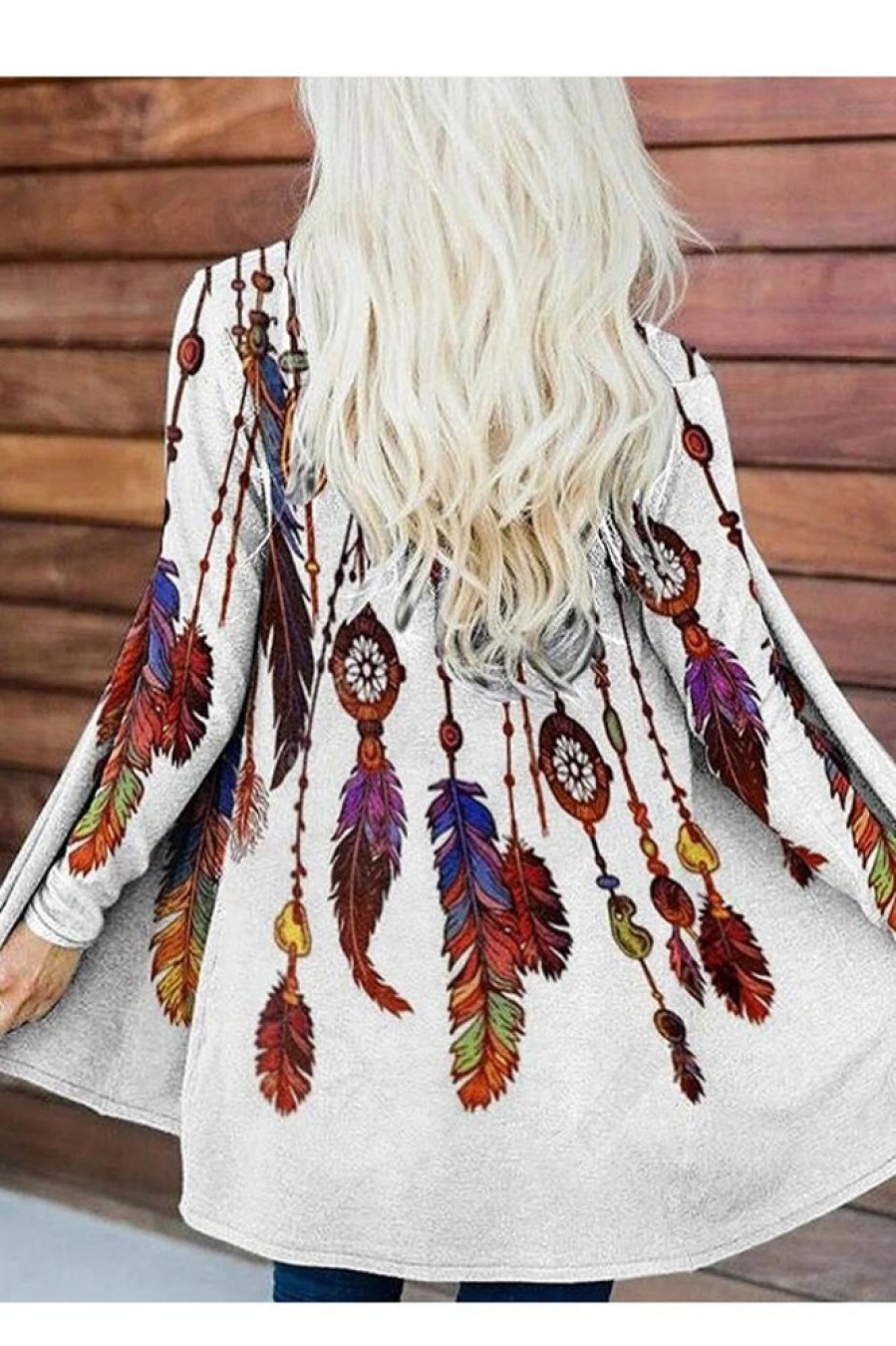 Clothing Azzlee Sweater & Cardigans | Casual Long Sleeve Feather Printed Cardigan Light Gray