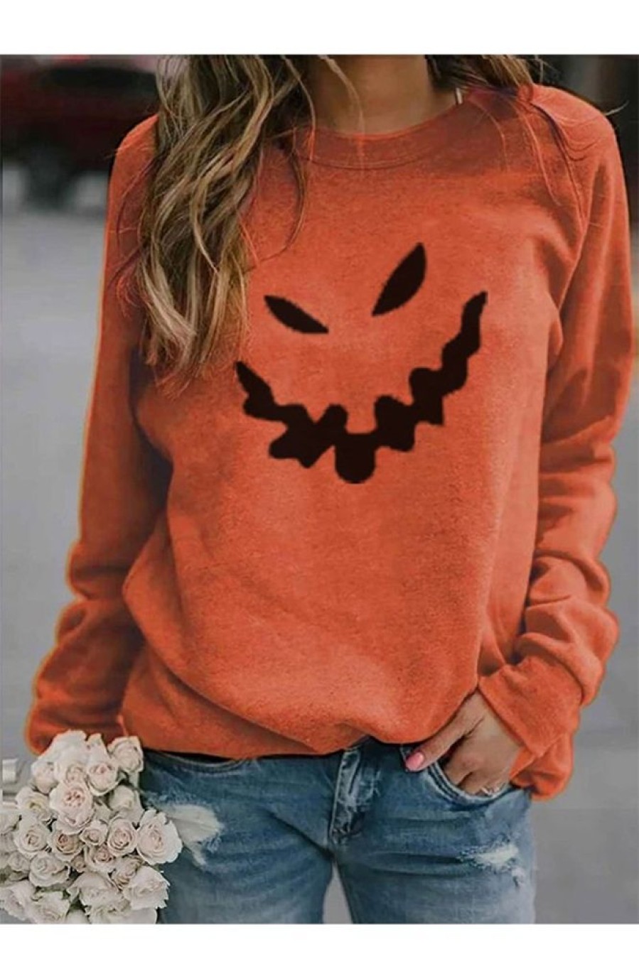 Clothing Azzlee Sweatshirt & Hoodies | Casual Graphic Tops Round Neck Long Sleeve Monster Printed Halloween Sweatshirts Orange