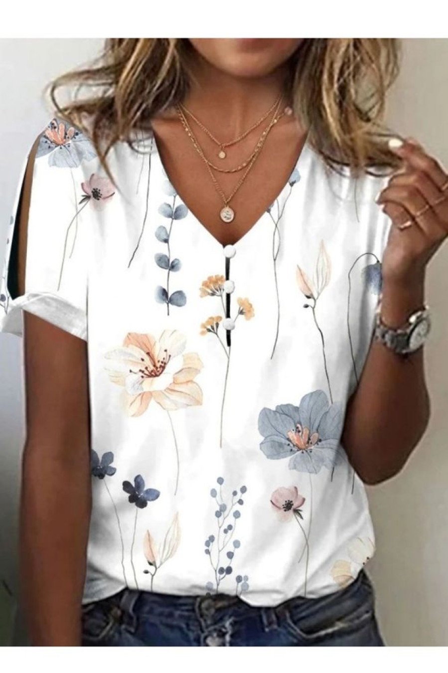 Clothing Azzlee Blouse & Shirts | Casual V Neck Floral Printed Short Sleeve Blouse White