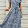 Clothing Azzlee Midi Dresses | Elegant Shirt Collar Short Sleeve Floral Midi Dress Blue