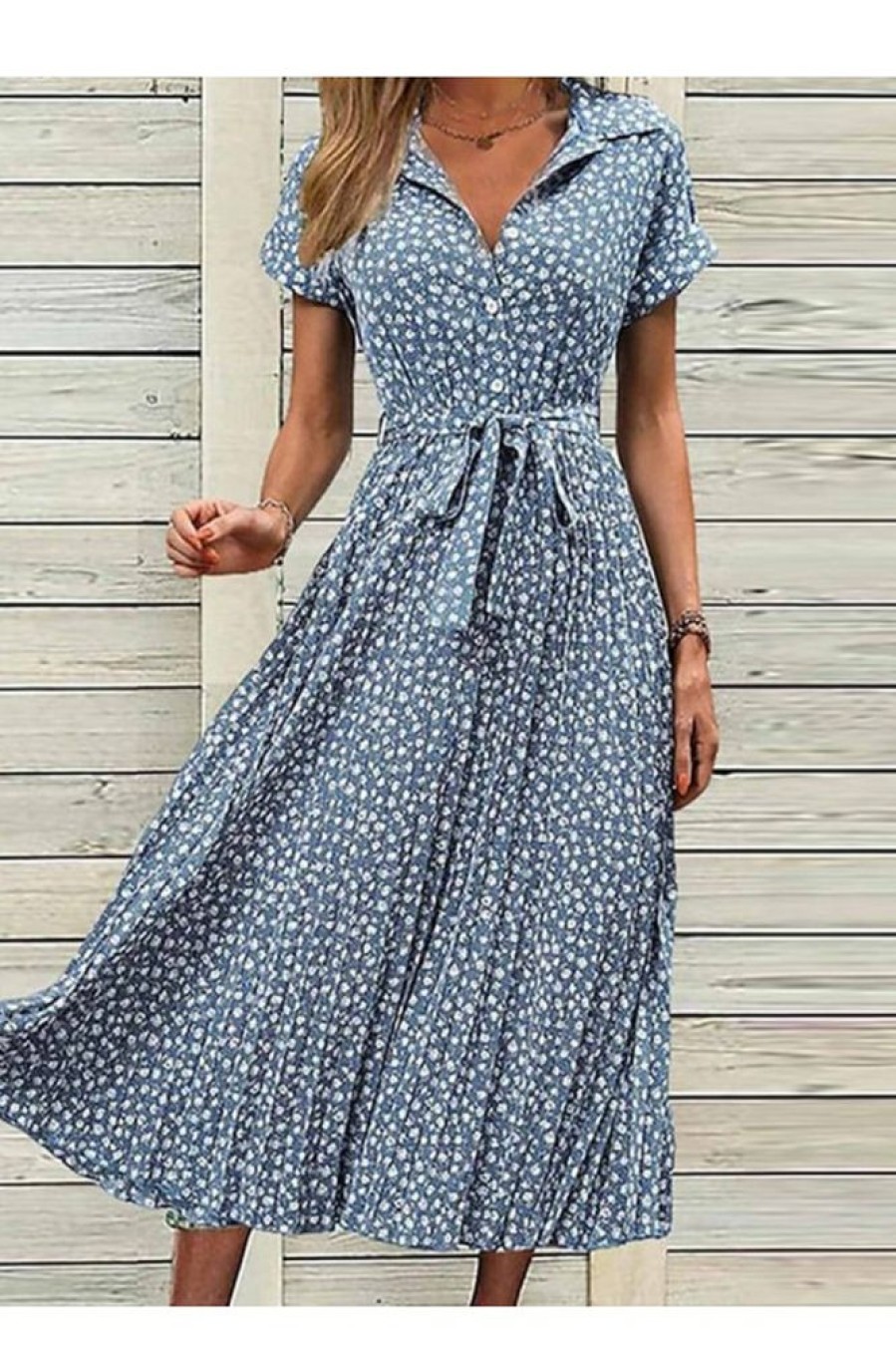 Clothing Azzlee Midi Dresses | Elegant Shirt Collar Short Sleeve Floral Midi Dress Blue