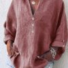 Clothing Azzlee Sweatshirt & Hoodies | V-Neck Plain Buttons Casual Long Sleeve Blouse