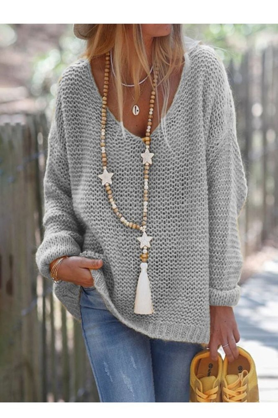 Clothing Azzlee Sweater & Cardigans | Casual Long Sleeve V Neck Solid Sweater Gray