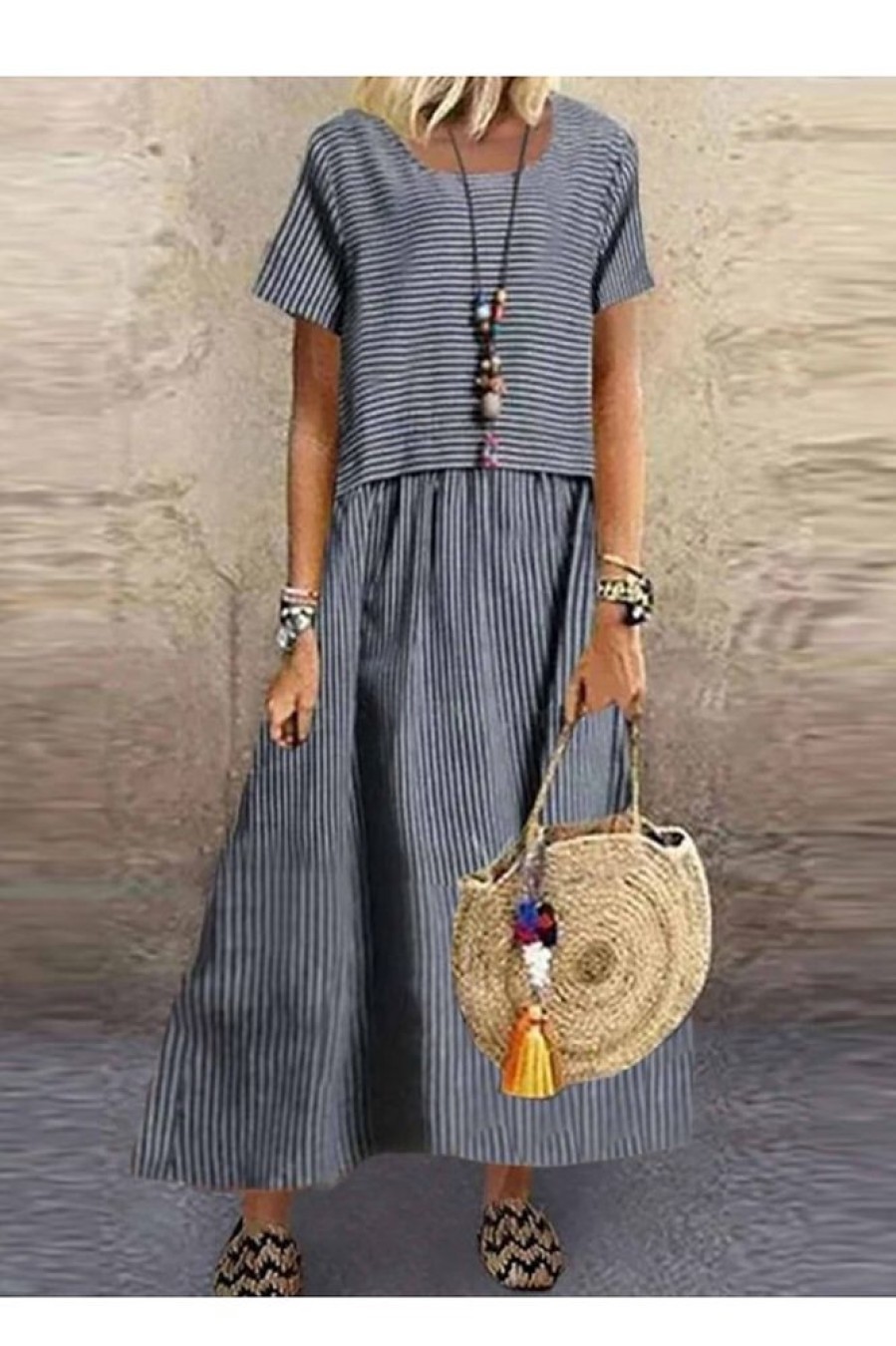 Clothing Azzlee Maxi Dresses | Casual Loose Fit Cotton Striped Maxi Dress Gray