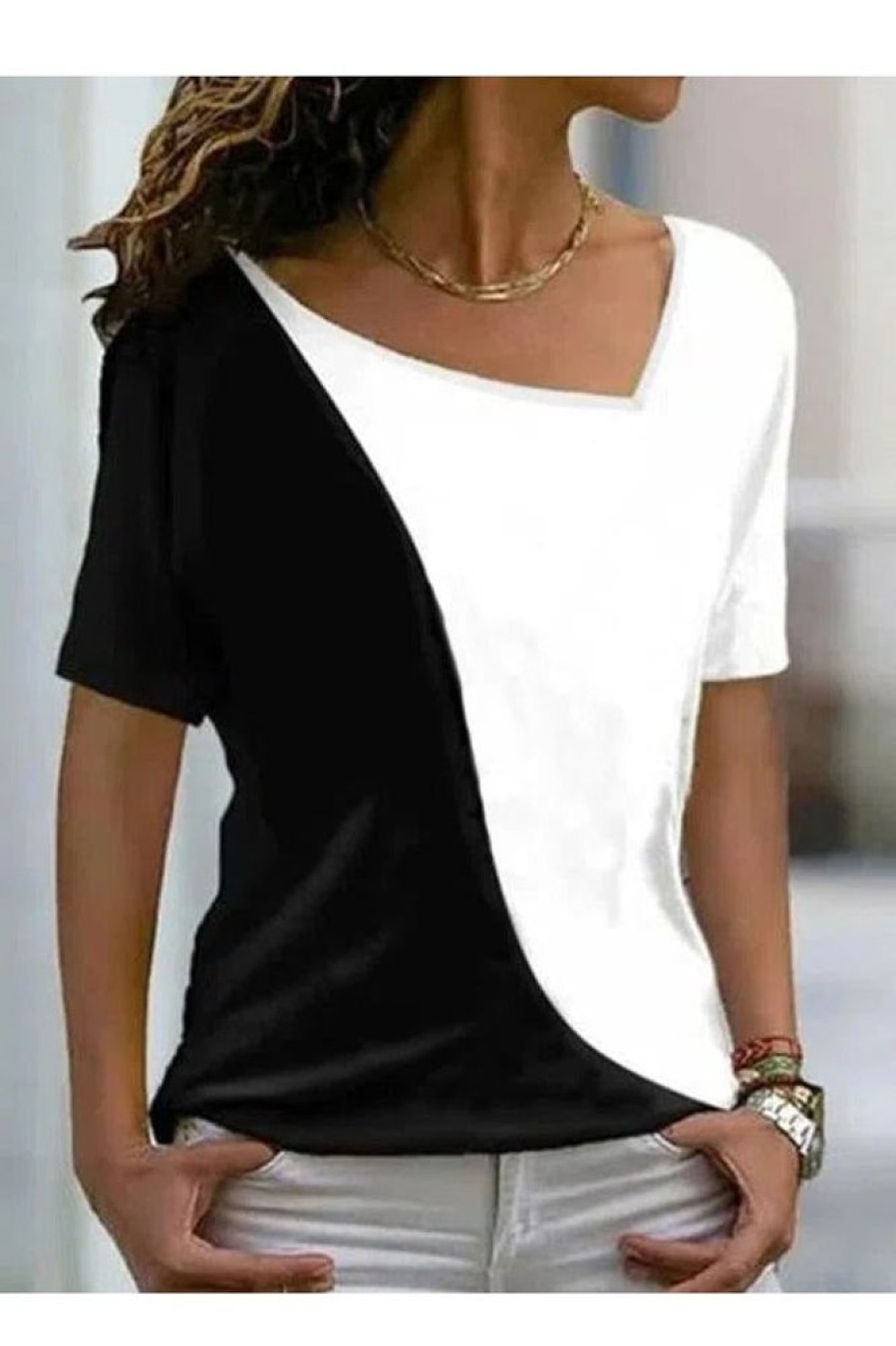 Clothing Azzlee Blouse & Shirts | Casual V Neck Splicing Short Sleeve Blouse Black-White