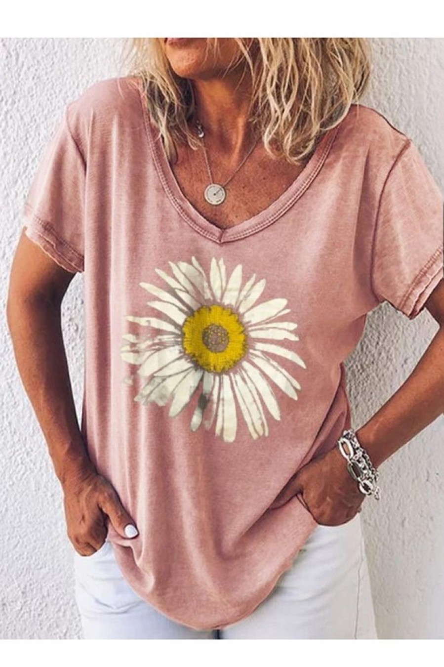 Clothing Azzlee Blouse & Shirts | Casual Summer V-Neck Short Sleeve Floral Printed T-Shirt