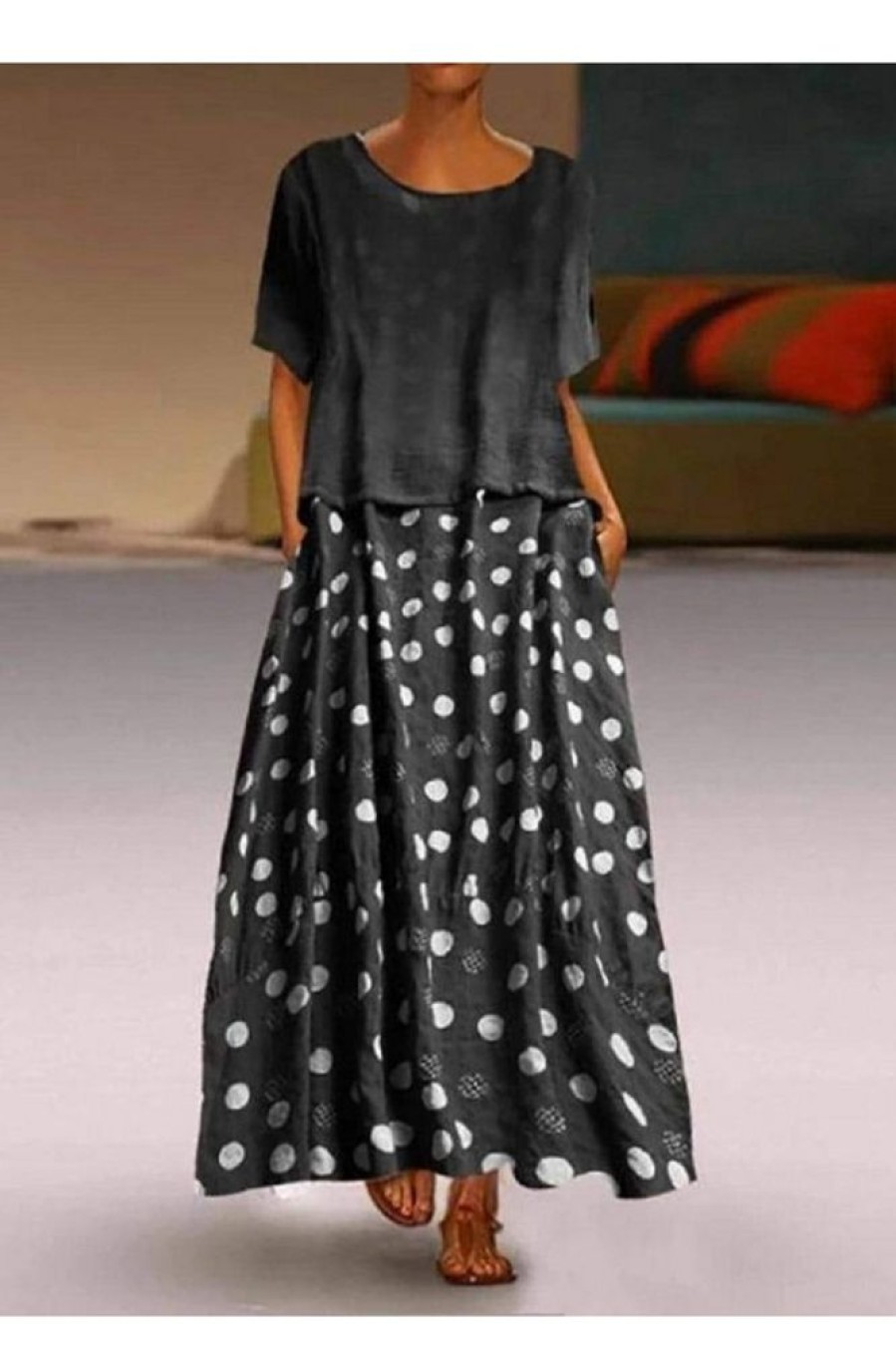 Clothing Azzlee Maxi Dresses | Round Neck Short Sleeve Polka Dot Printed Two Piece Maxi Dress Black