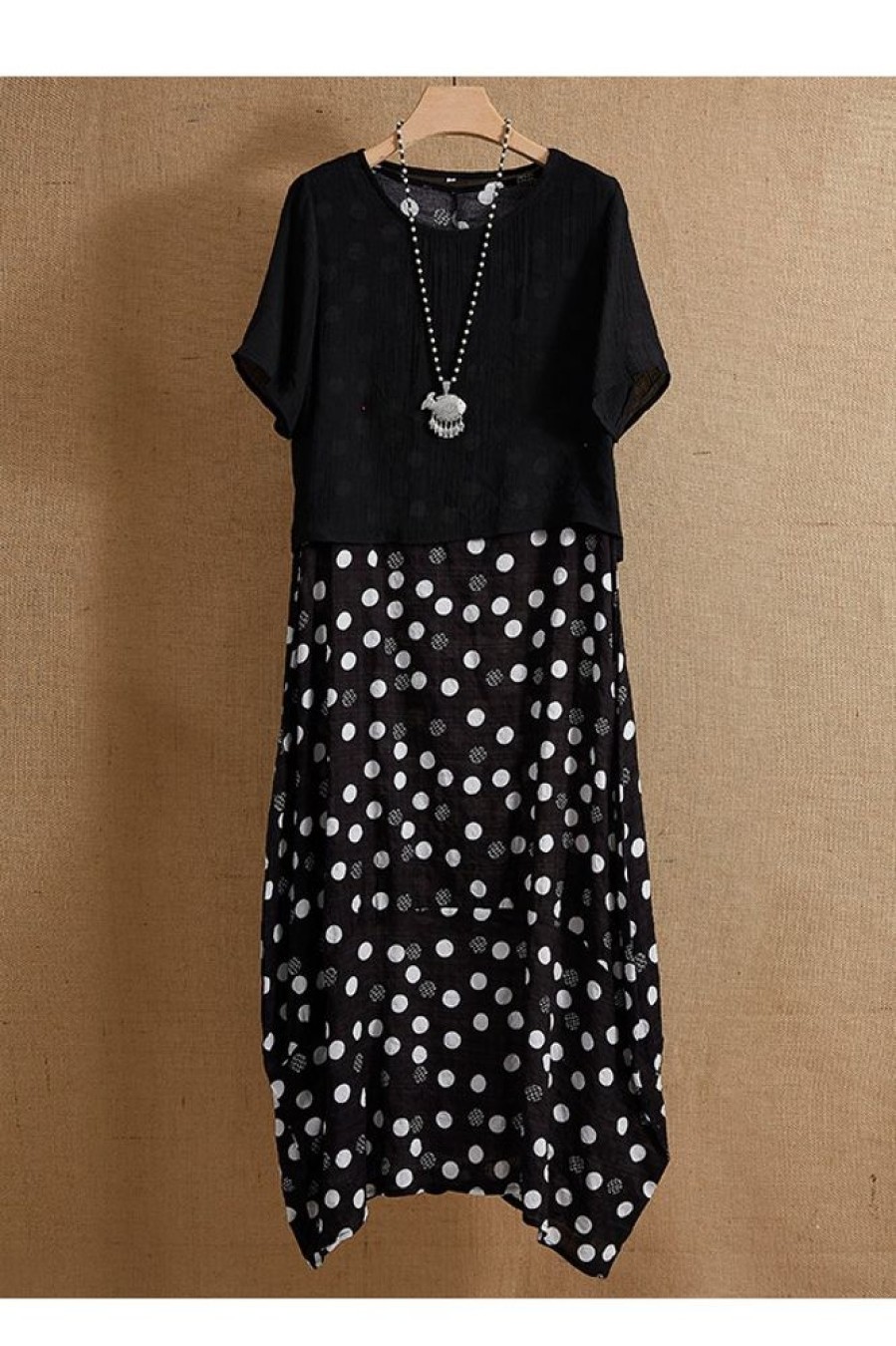 Clothing Azzlee Maxi Dresses | Round Neck Short Sleeve Polka Dot Printed Two Piece Maxi Dress Black