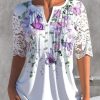 Clothing Azzlee Blouse & Shirts | Casual Graphic Tops V-Neck Half Sleeve Lace Stitching Butterfly Printed Blouse White