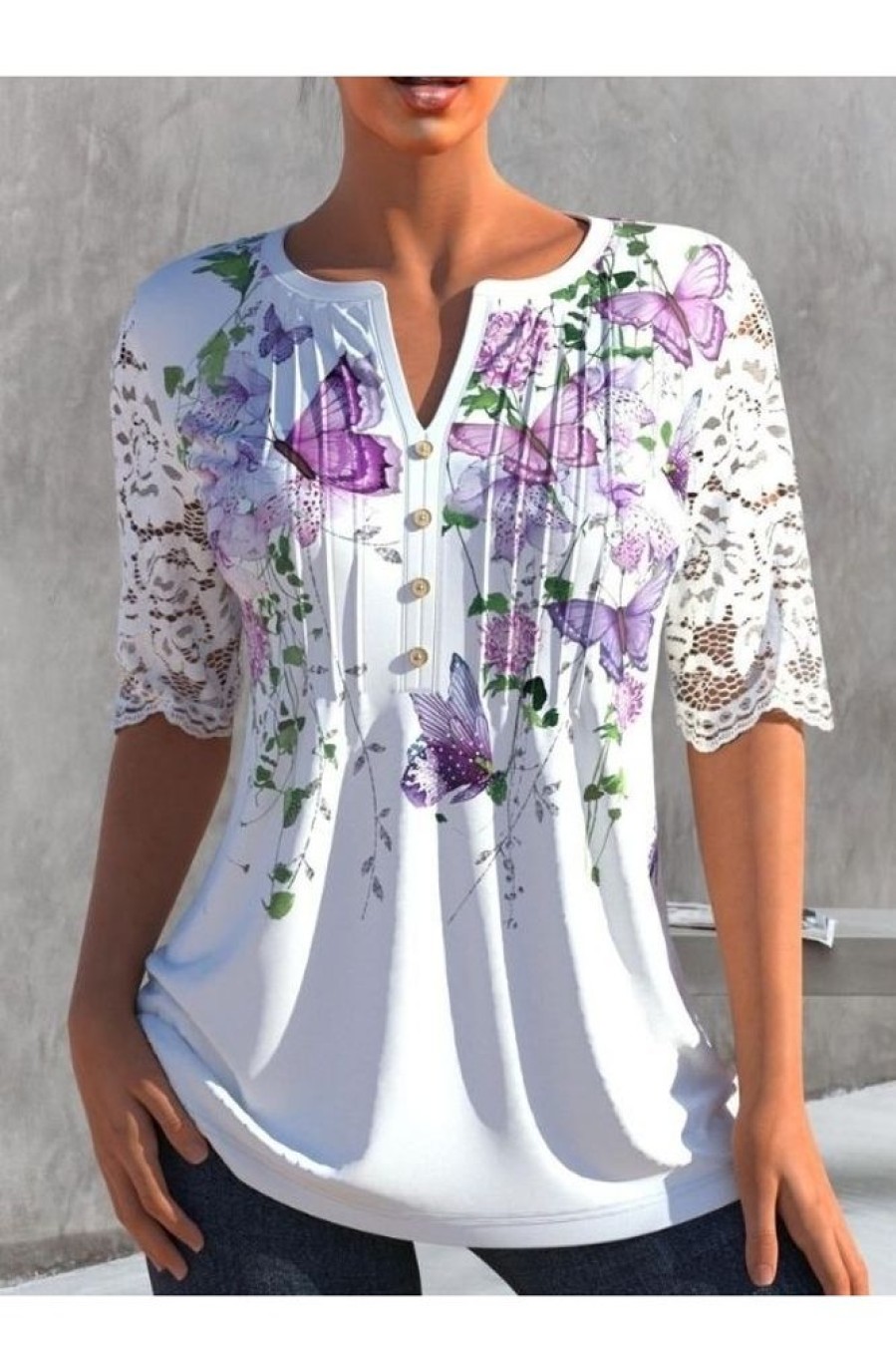 Clothing Azzlee Blouse & Shirts | Casual Graphic Tops V-Neck Half Sleeve Lace Stitching Butterfly Printed Blouse White