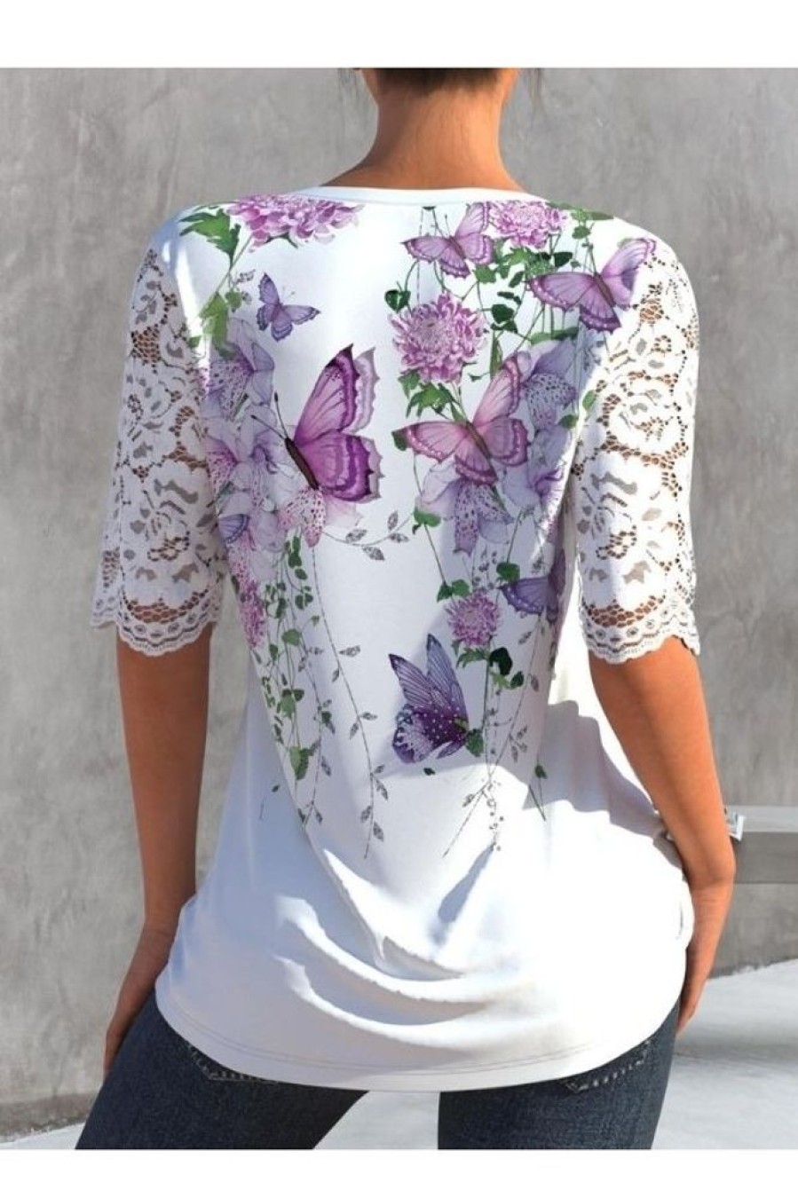 Clothing Azzlee Blouse & Shirts | Casual Graphic Tops V-Neck Half Sleeve Lace Stitching Butterfly Printed Blouse White