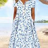 Clothing Azzlee Maxi Dresses | Crew Neck Short Sleeve Vacation Leaf Print Loose Maxi Dress Blue