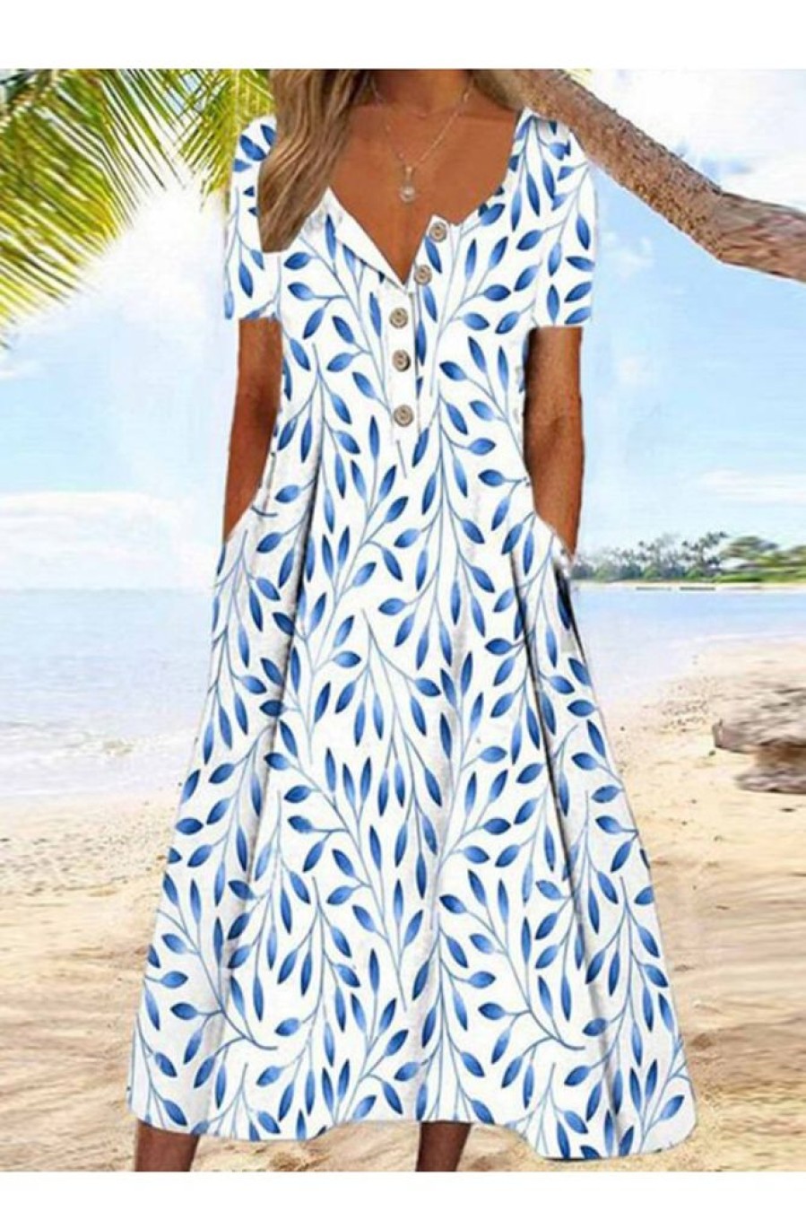 Clothing Azzlee Maxi Dresses | Crew Neck Short Sleeve Vacation Leaf Print Loose Maxi Dress Blue