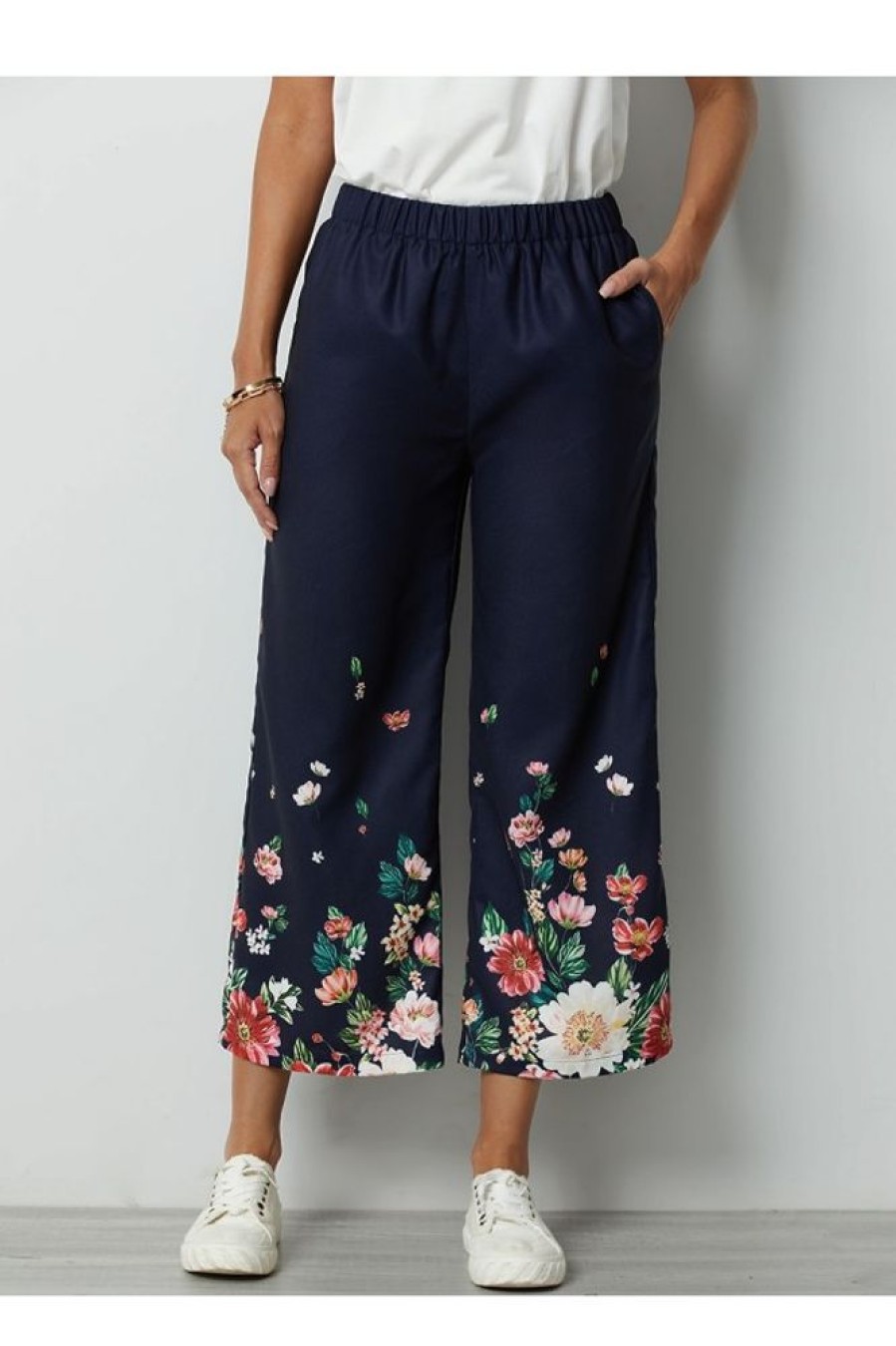 Clothing Azzlee Pants | Flowers Printed Plus Size Elastic Waist Casual Pants Navy