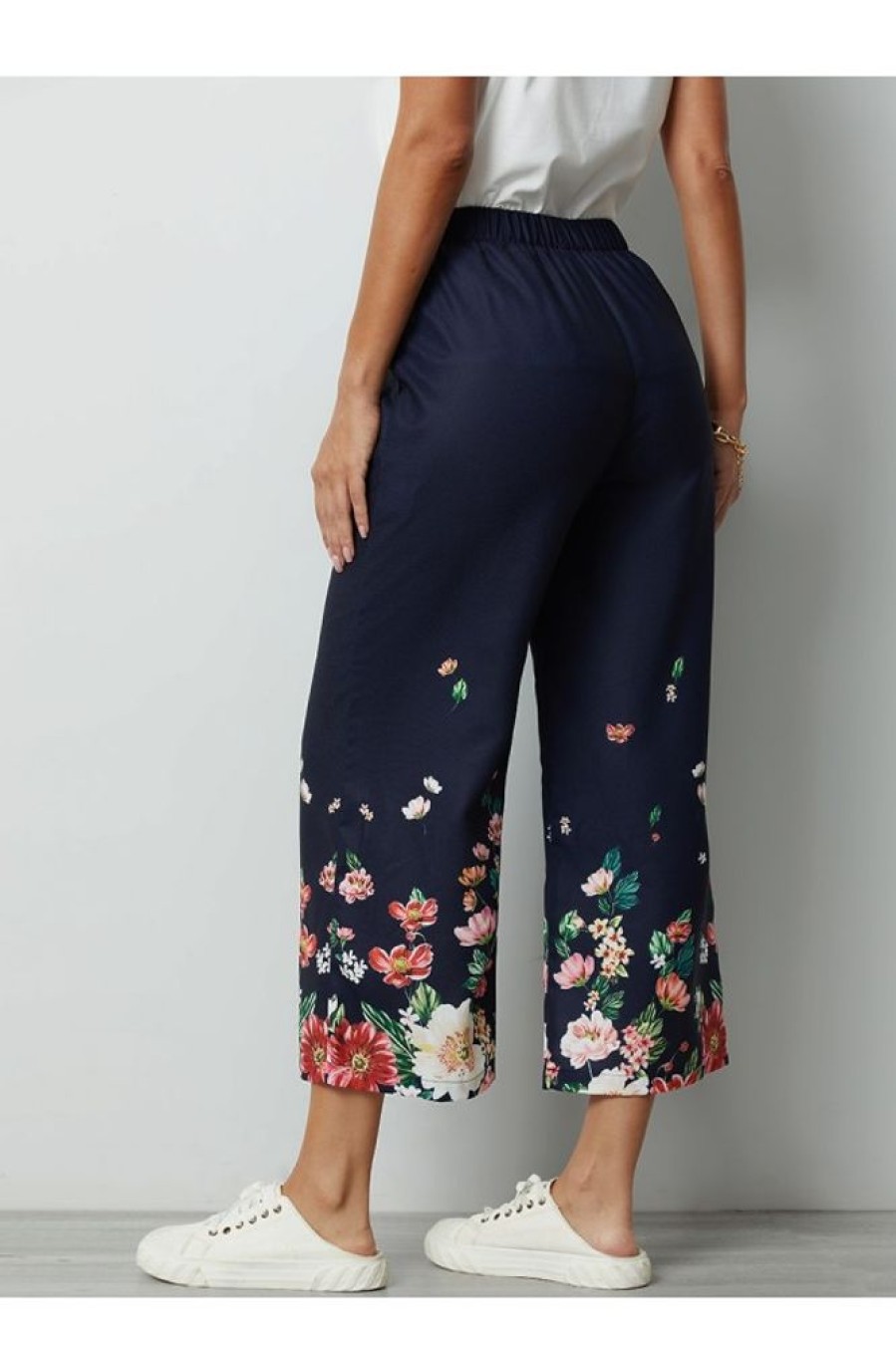 Clothing Azzlee Pants | Flowers Printed Plus Size Elastic Waist Casual Pants Navy