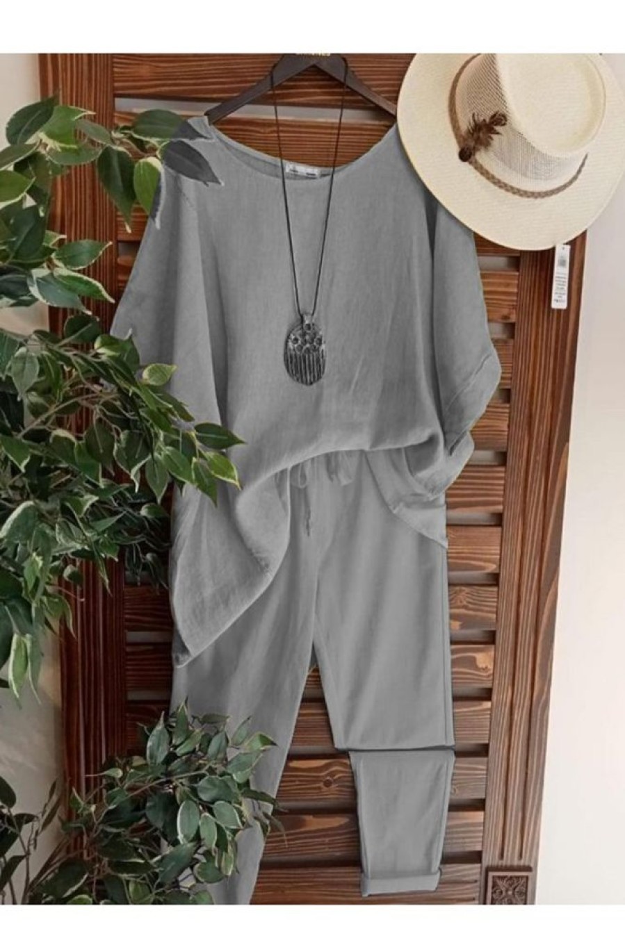 Clothing Azzlee | Solid Color Short Sleeve Casual Two-Piece Suits Grey