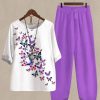 Clothing Azzlee | Casual Round Neck Butterfly Printed Half Sleeve Two Piece Sets Purple