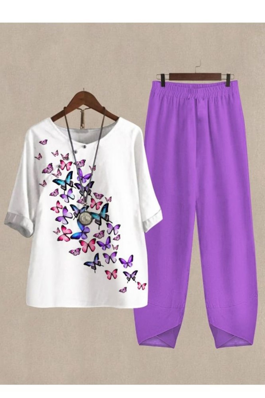 Clothing Azzlee | Casual Round Neck Butterfly Printed Half Sleeve Two Piece Sets Purple