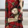 Clothing Azzlee Sweatshirt & Hoodies | Casual Graphic Tops Round Neck Plaid Cat Printed Long Sleeve Sweatshirts Red