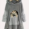 Clothing Azzlee Sweatshirt & Hoodies | Plus 3D Cat Print Casual Fleece Long Sleeve Sweatshirt Grey