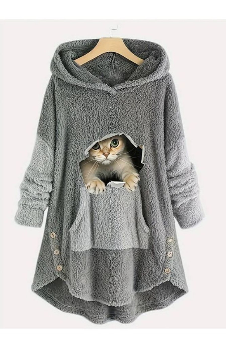 Clothing Azzlee Sweatshirt & Hoodies | Plus 3D Cat Print Casual Fleece Long Sleeve Sweatshirt Grey