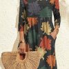 Clothing Azzlee Midi Dresses | Crew Neck 3/4 Sleeve Leaf Print Loose Fit Midi Dress Dark Gray