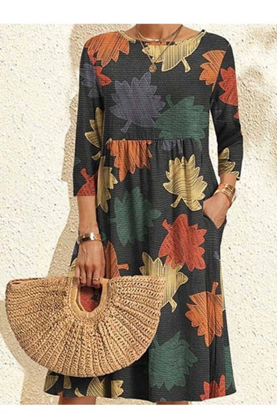 Clothing Azzlee Midi Dresses | Crew Neck 3/4 Sleeve Leaf Print Loose Fit Midi Dress Dark Gray