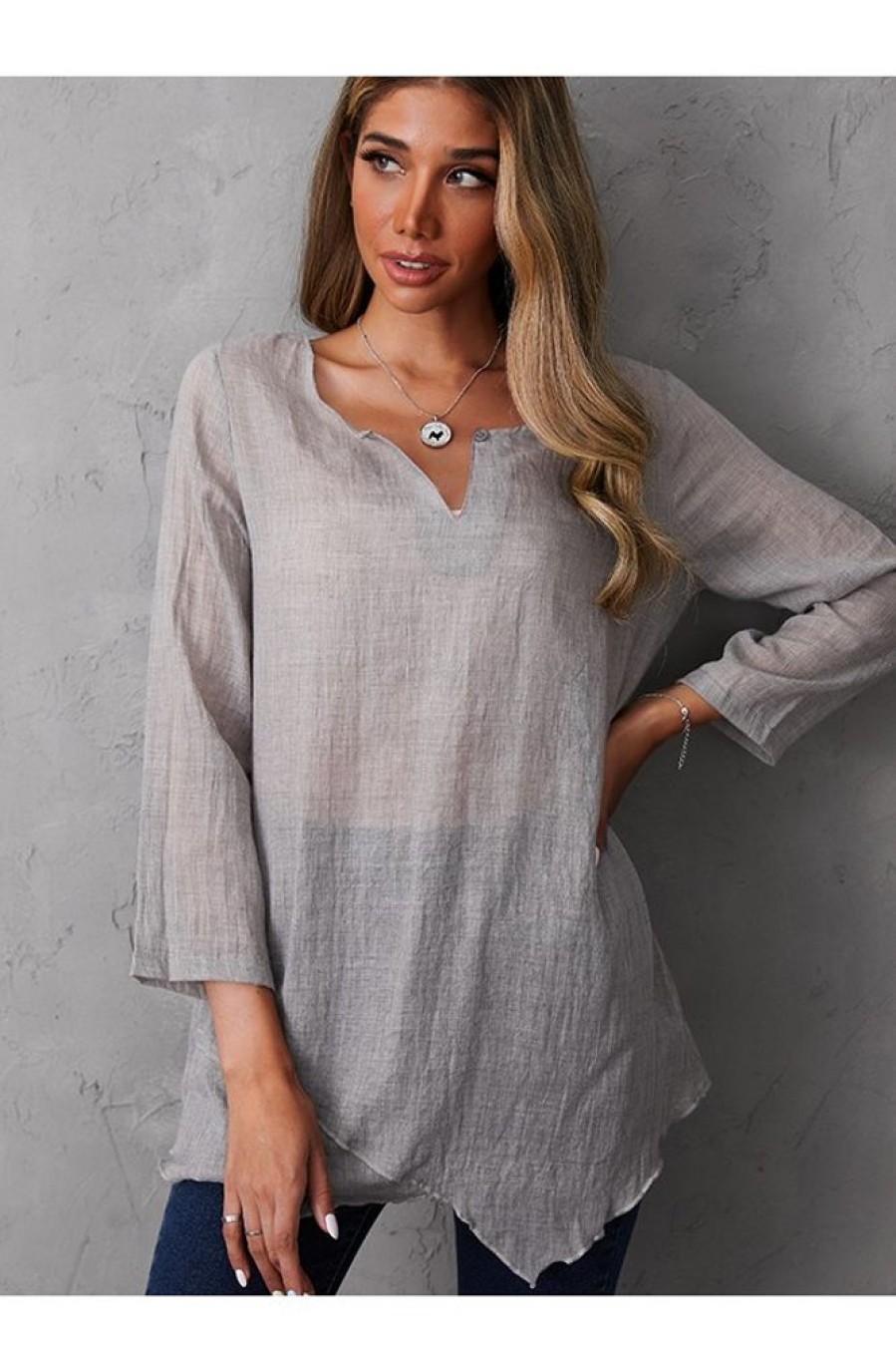 Clothing Azzlee Blouse & Shirts | Women'S Solid Color Casual V-Neck 3/4 Sleeve Blouse Gray