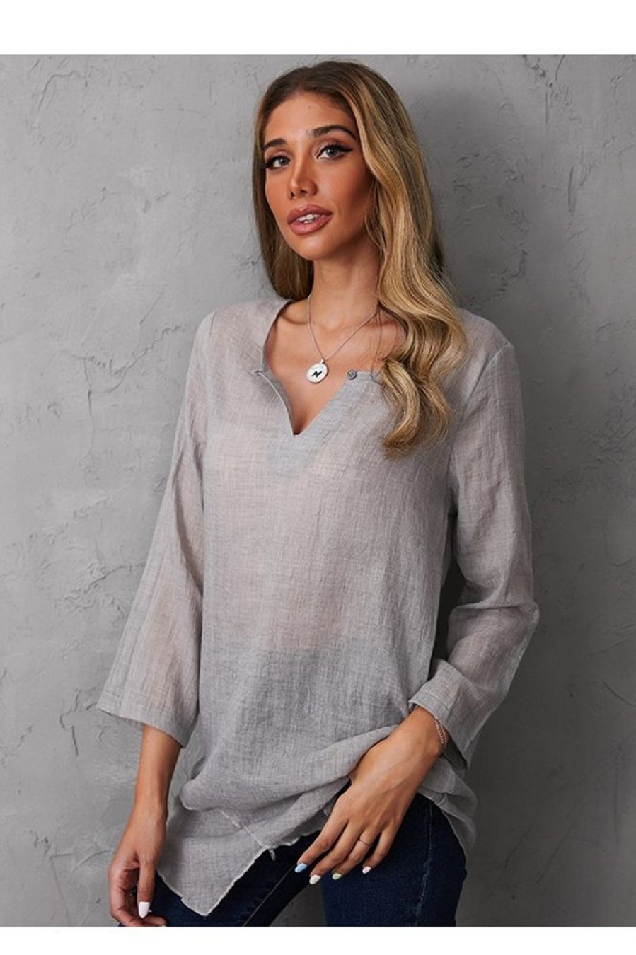 Clothing Azzlee Blouse & Shirts | Women'S Solid Color Casual V-Neck 3/4 Sleeve Blouse Gray