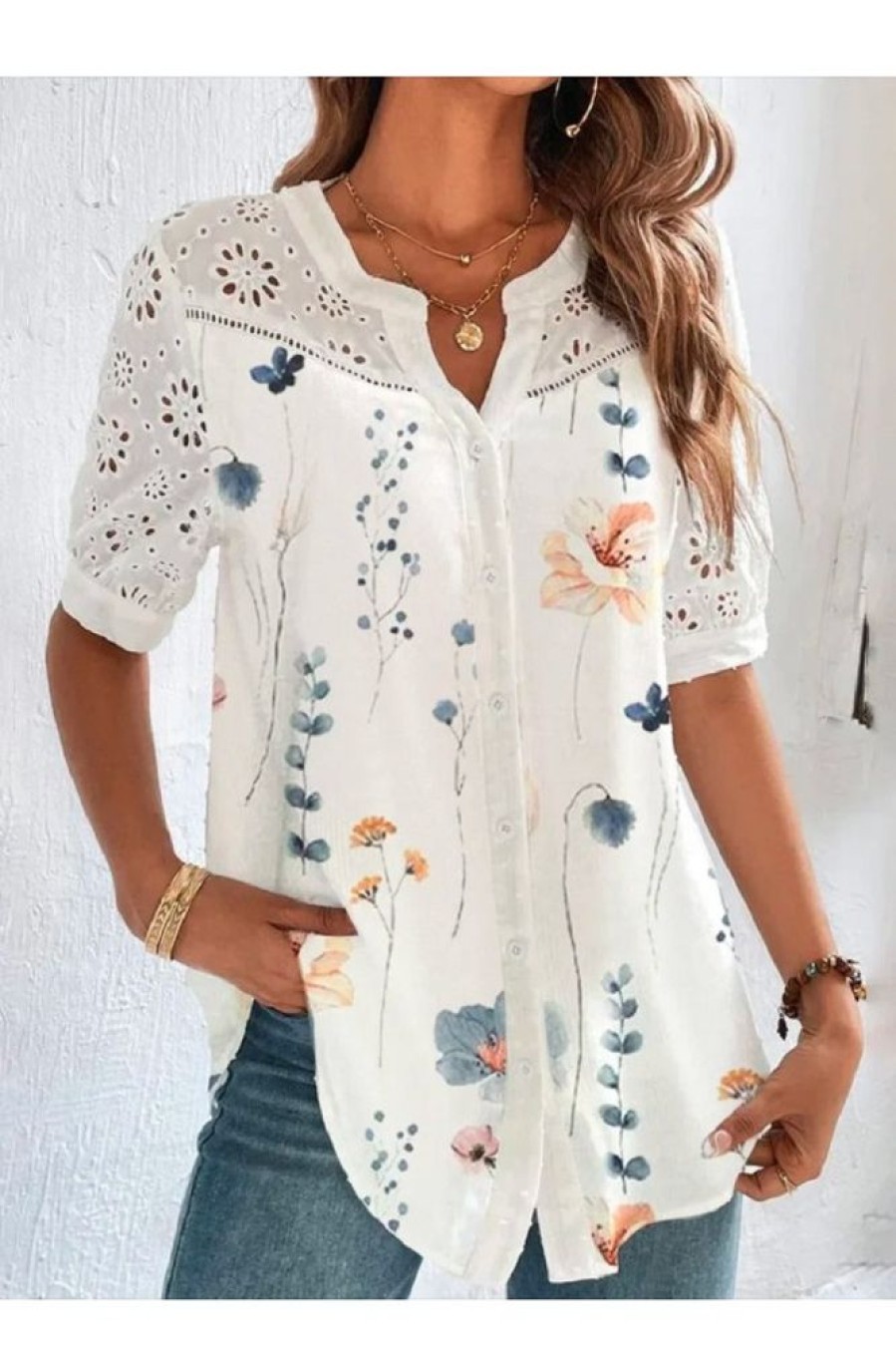 Clothing Azzlee Sweatshirt & Hoodies | Casual V Neck Floral Printed Short Sleeve Blouse White