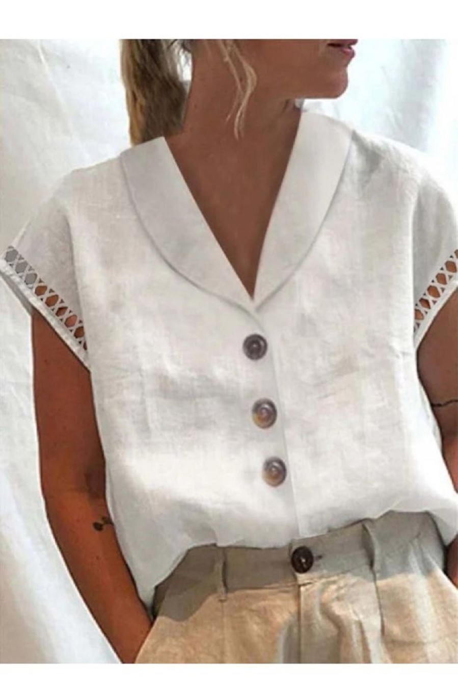 Clothing Azzlee Blouse & Shirts | Casual V Neck Solid Short Sleeve Blouse White