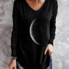 Clothing Azzlee Sweatshirt & Hoodies | Casual Graphic Tops V Neck Moon Printed Long Sleeve Blouse Black